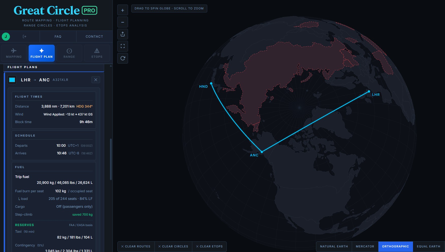 Great Circle Pro orthographic globe showing the London to Anchorage leg of an A321XLR tech-stop, arcing straight over the North Pole, with a Flight Plan card reading 3,888 nm and a block time of 9 hours 46 minutes