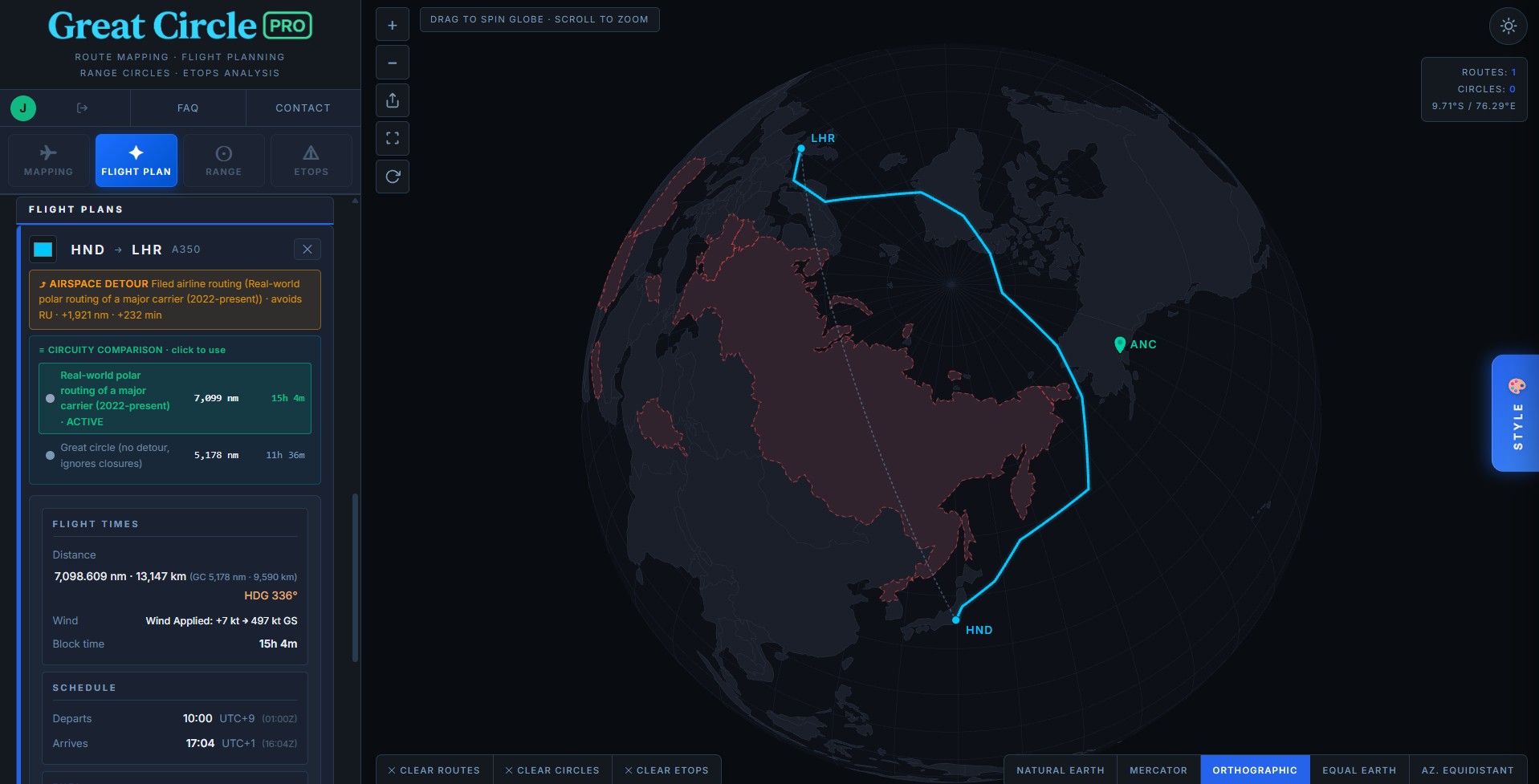 Tokyo Haneda to London Heathrow on the orthographic globe with airspace avoidance on, the routed track arcing north over the pole and Alaska to skirt closed Russian airspace while the dashed great circle cuts straight across Russia