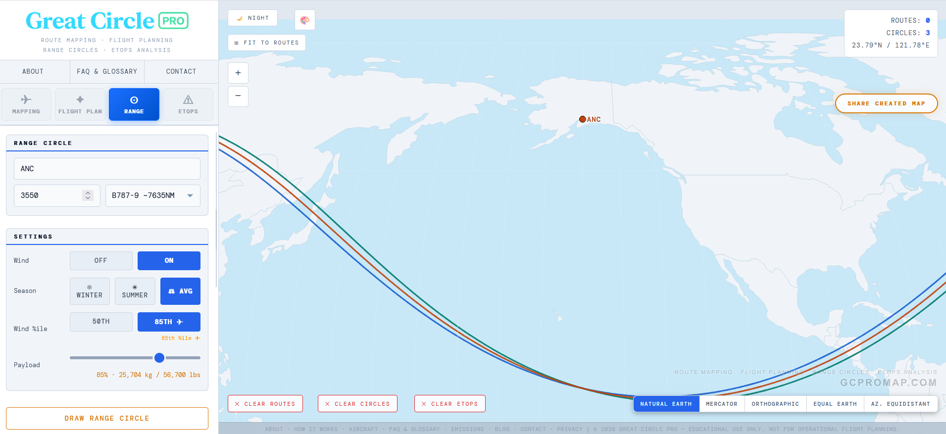 Three seasonal range circles overlaid from Anchorage ANC showing winter, summer, and average FL350 wind envelopes
