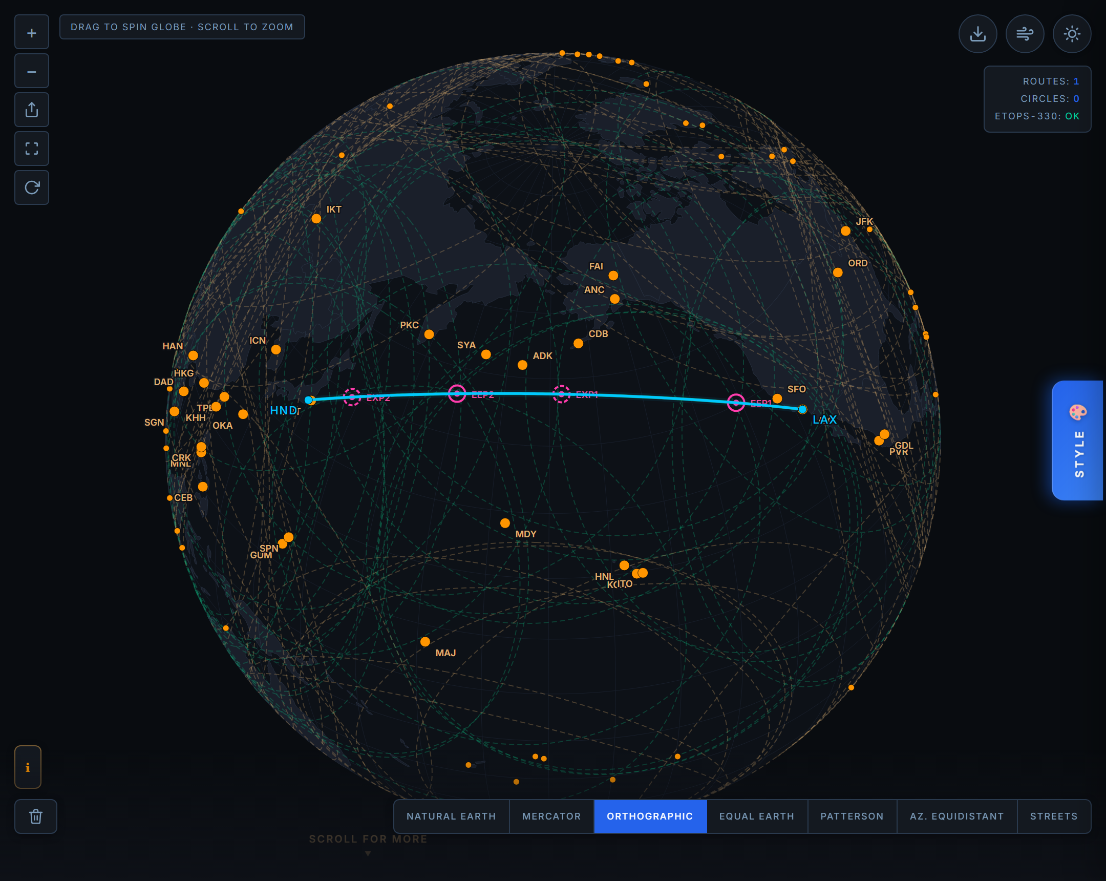 Great Circle Pro ETOPS map with diversion alternates colored by coverage: in range and landable, in range but runway too short, and out of range, along a North Pacific great circle route