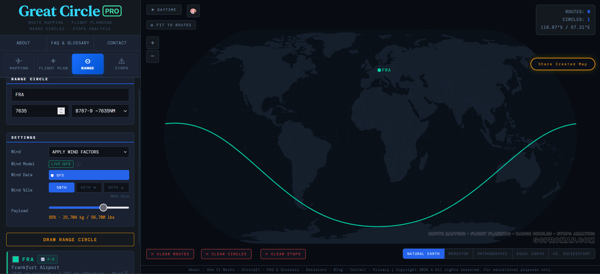 787-9 wind-adjusted range circle from Frankfurt FRA showing the jet stream deformation