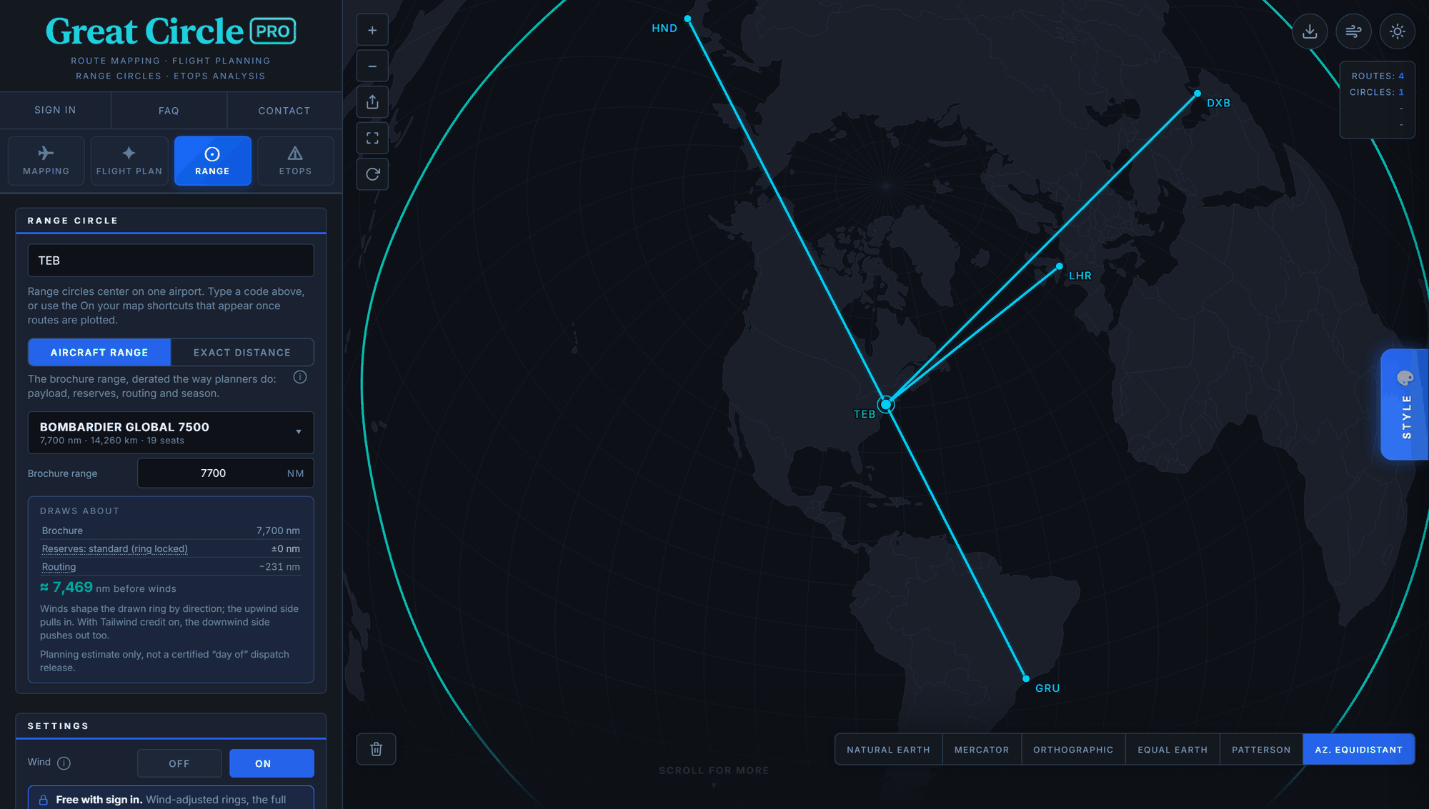 Great Circle Pro screenshot: a winter wind-adjusted Global 7500 range ring around Teterboro with four straight radial routes to London, Dubai, Tokyo and Sao Paulo, all inside the ring, the ring pulled inward toward the northwest