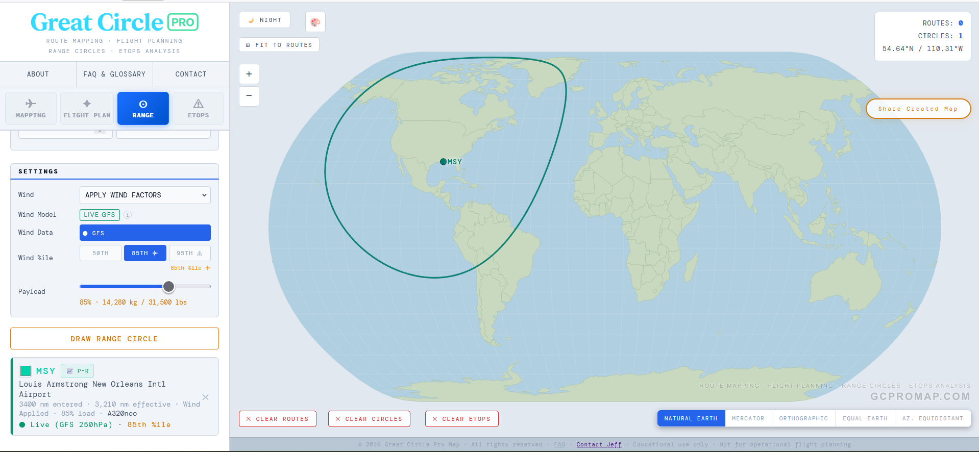 B737 Max 8 wind-adjusted range circle from New Orleans MSY at 85th percentile