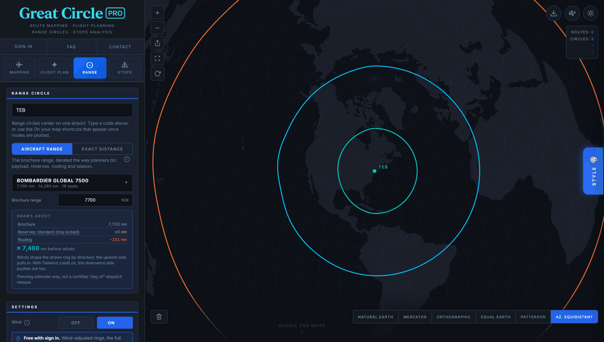 Great Circle Pro screenshot: three winter wind-adjusted range rings drawn around Teterboro on an azimuthal equidistant map, a HondaJet ring near 1,361 nm, a Citation X ring near 3,356 nm, and a Global 7500 ring built from a 7,469 nm pre-wind basis, each pulled inward on its western upwind side