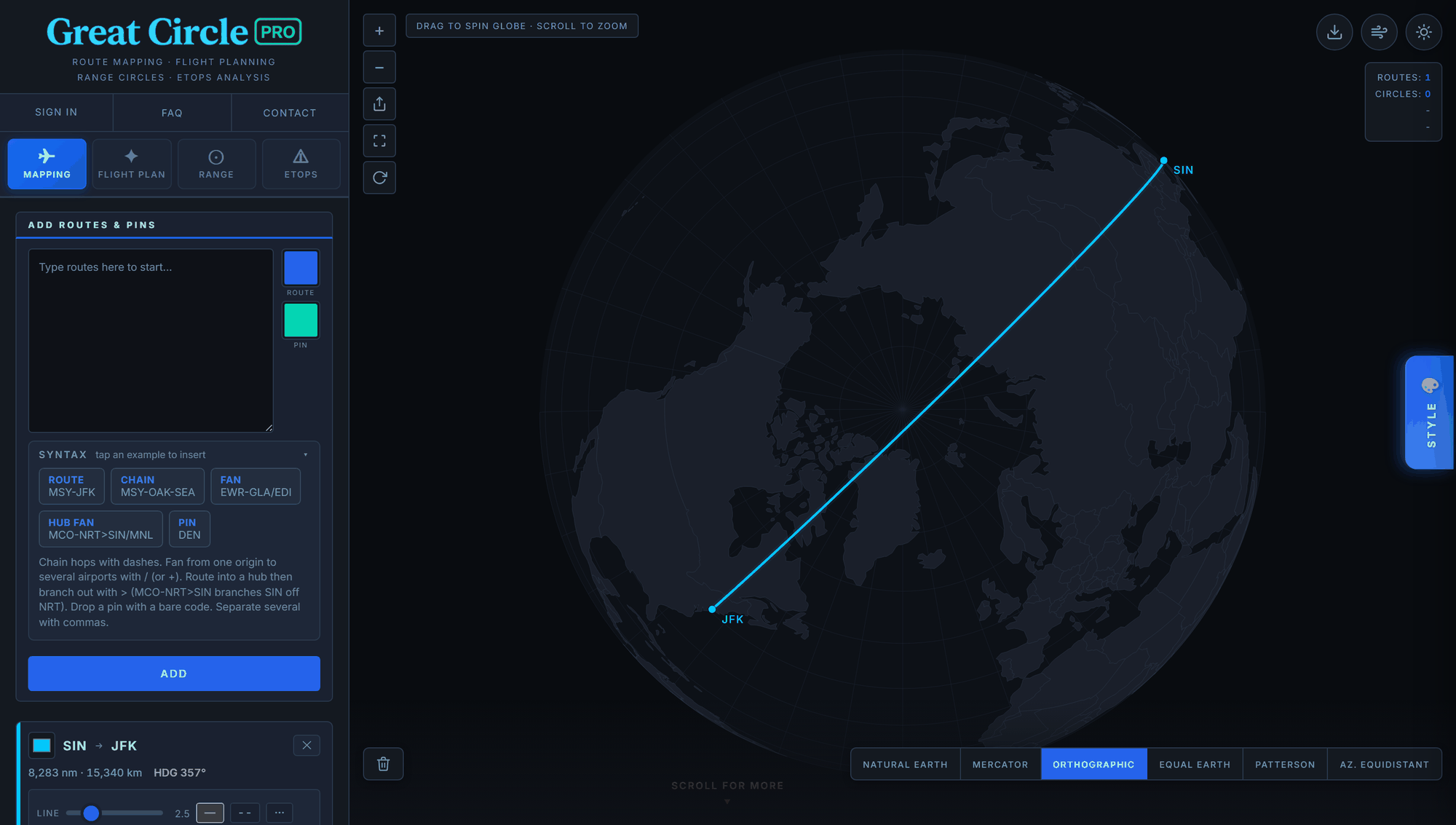 Great Circle Pro screenshot: the Singapore to New York route drawn on an orthographic globe centered on the North Pole, where the 8,283 nm great circle appears as a nearly straight line, with the route card reading 8,283 nm and heading 357 degrees
