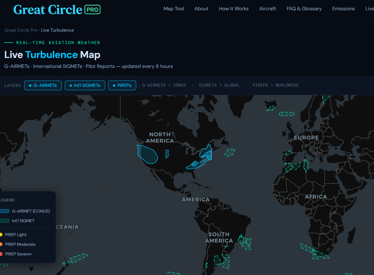 Great Circle Pro live turbulence map showing real-time SIGMET and PIREPs across global flight corridors